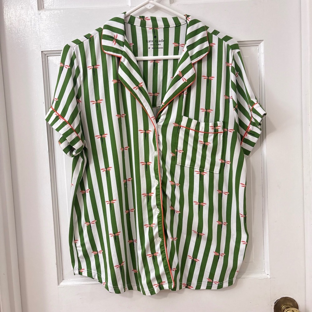 Kate Spade Pajama Top M Green White Striped Dragonfly Cottagecore Short Sleeve